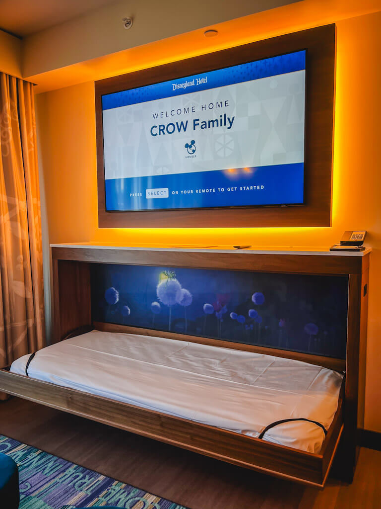 murphy bed pulled out in a one bedroom villa at Disneyland Hotel.