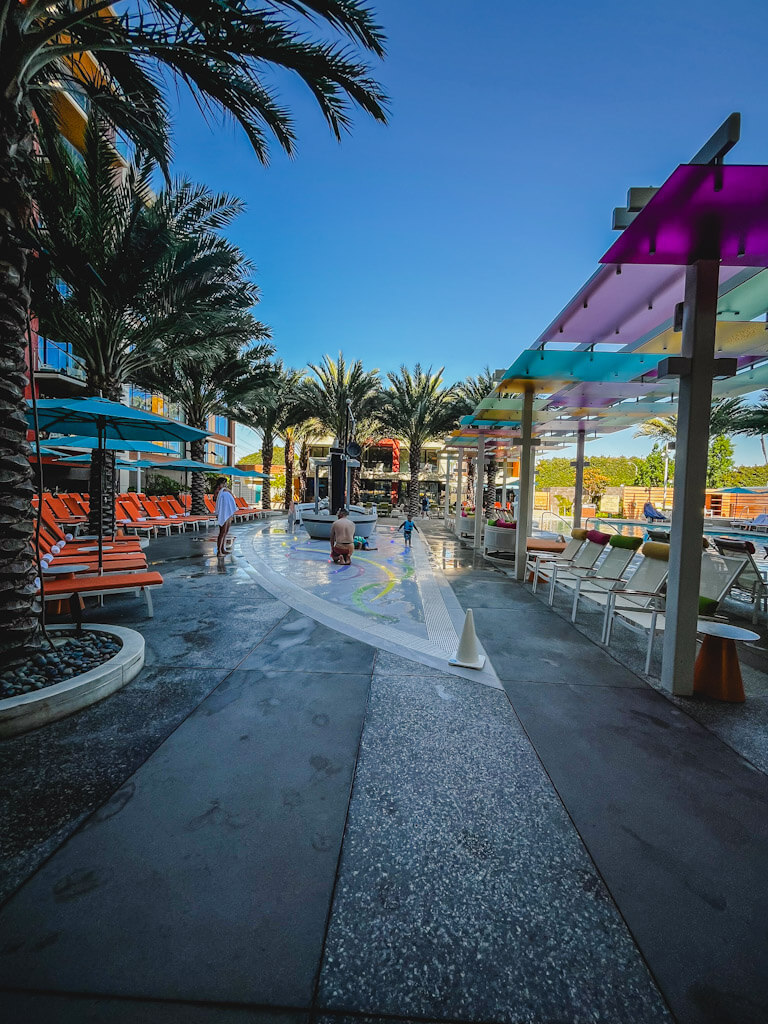 Palette pool area and steamboat willie's splash pad at the Disneyland Hotel.