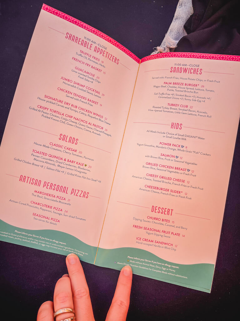poolside menu at the Disneyland Hotel.