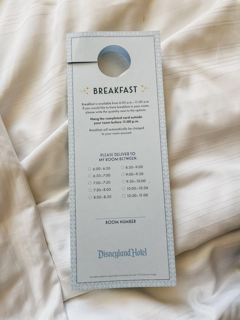 room service breakfast placard for the Disneyland Hotel.