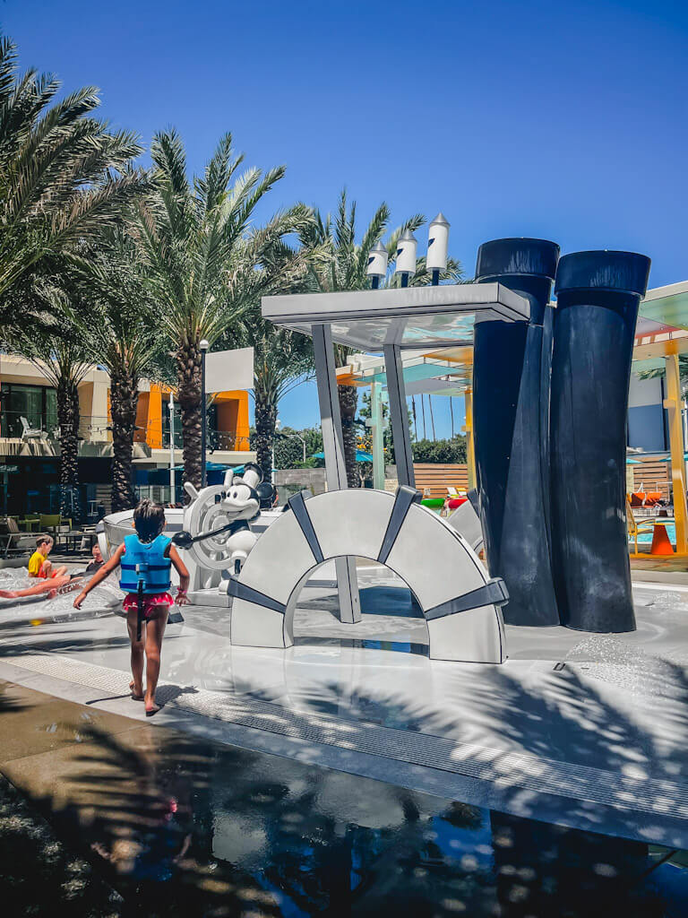 Steamboat Willie's splash pad at Disneyland Hotel.