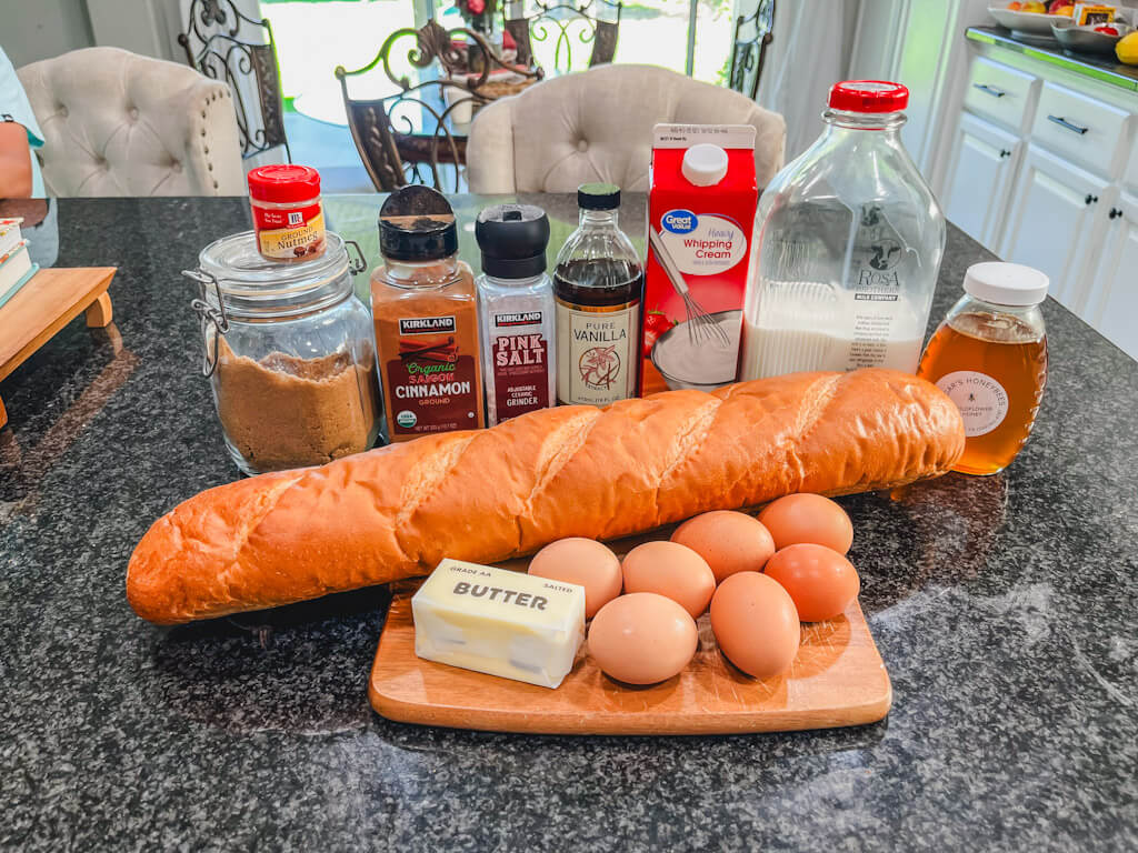 ingredients laid out on a kitchen counter for overnight French toast casserole.