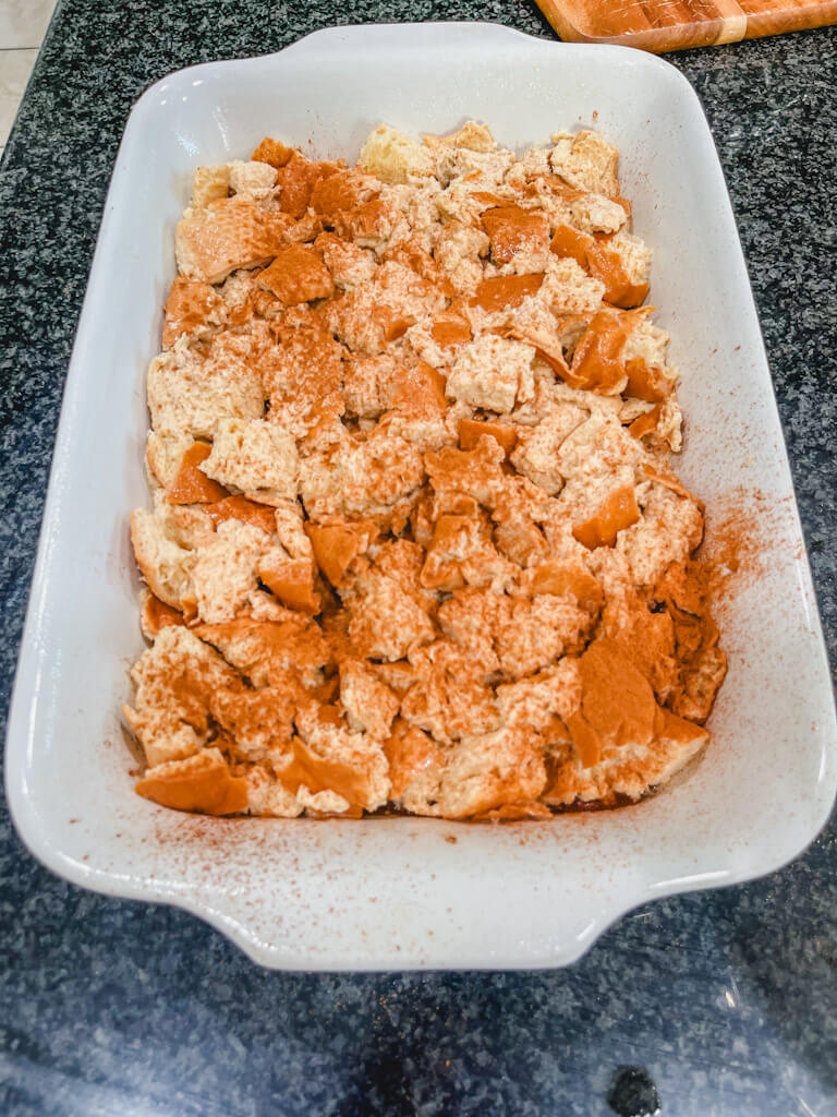 a sprinkle of cinnamon over the tops of the bread cubes in the casserole dish for overnight French toast casserole.