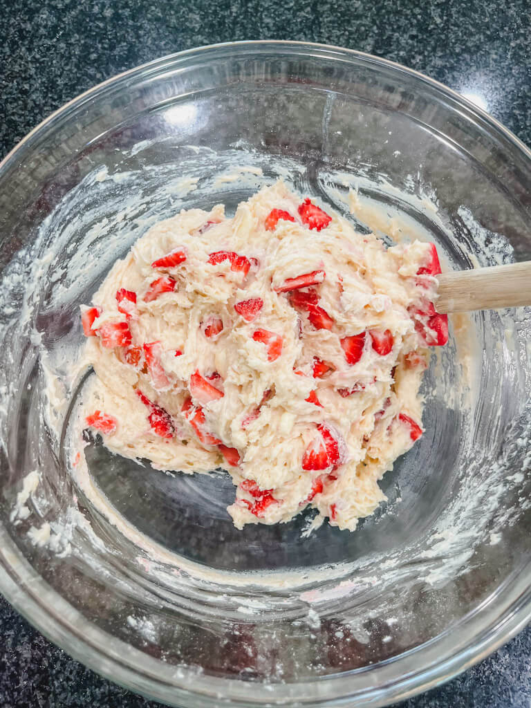 diced strawberries incorporated into the muffin batter mixture.