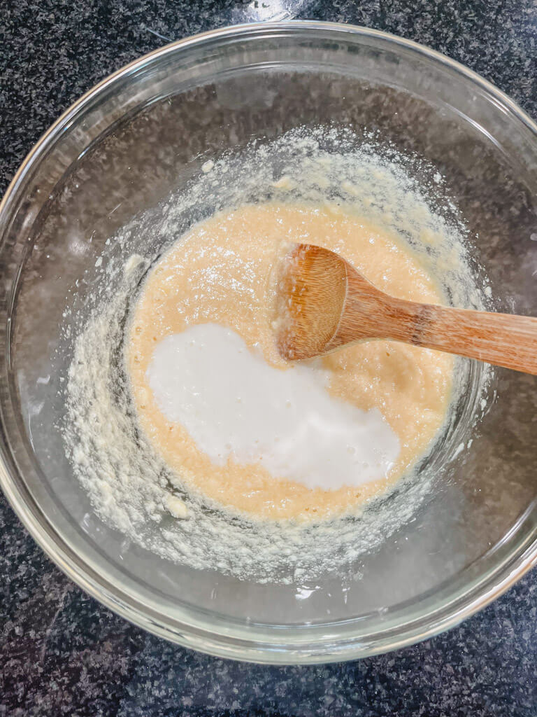 homemade buttermilk added to the eggs and butter mixture.