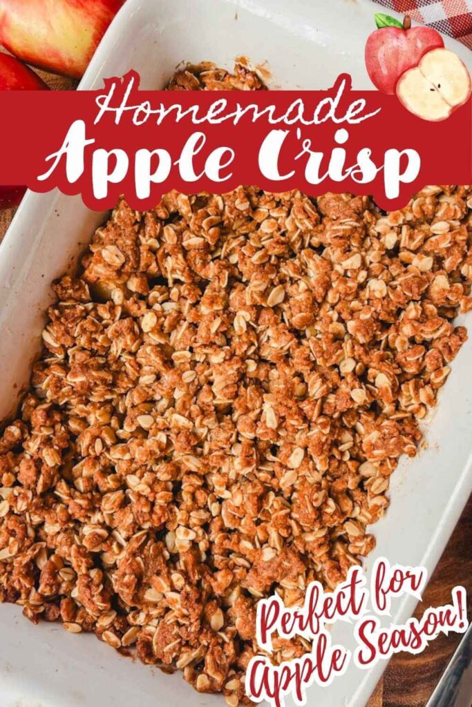 an overhead image of apple crisp in the baking dish.