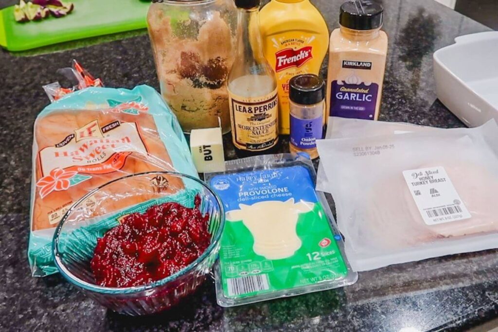 ingredients for Miss Piggy's pork-free sliders laid out on a black counter.