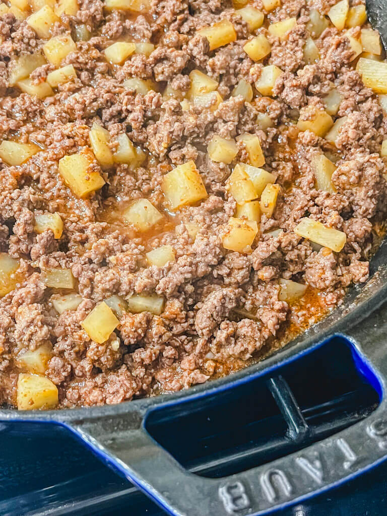 close up of skillet after the broth had been simmering for 20 minutes.