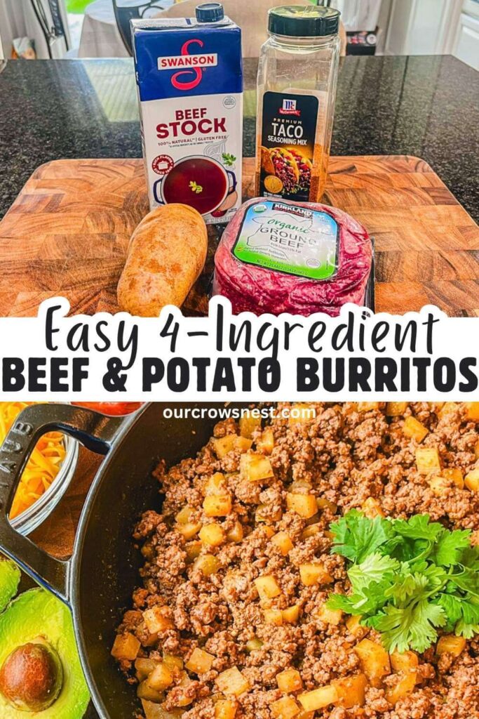 two images for beef and potato burritos. The first image is ingredients and the second is an overhead view of the skillet.