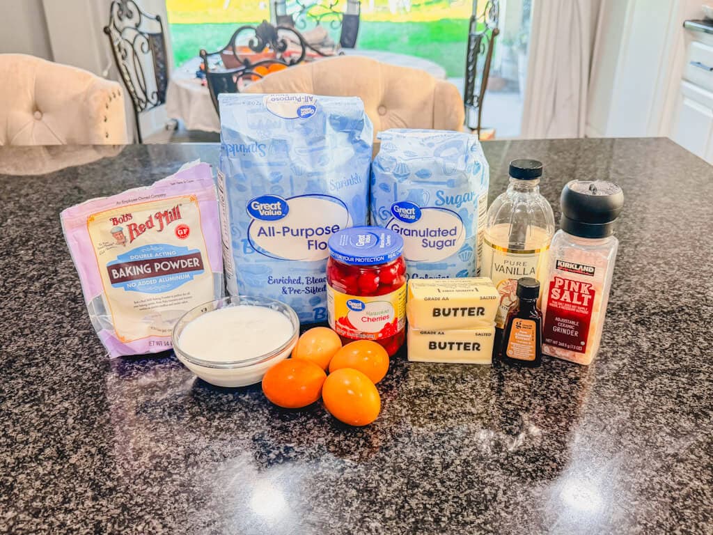 ingredients for betty crocker cherry chip cake laid out on a counter.