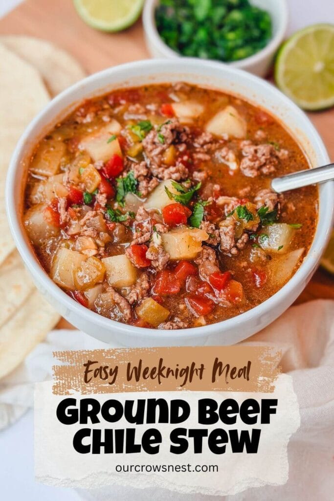 a white bowl holding a serving of ground beef chile stew with the fixings around the bowl.