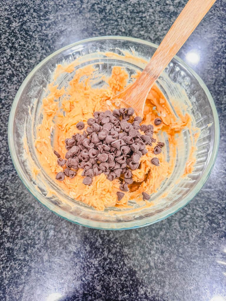 Semi sweet chocolate chips added to the batter for monster cookies with m&m's.