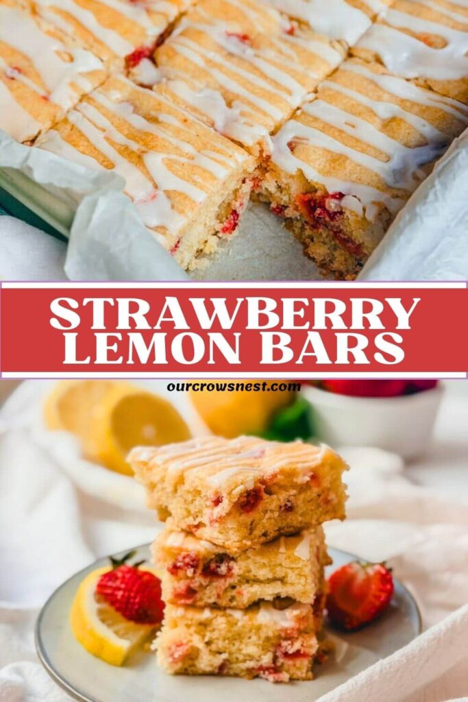 Top image shows strawberry lemon bars sliced in the baking dish with one bar removed, and the bottom image shows a stack of 3 bars on top of each other on a plate.