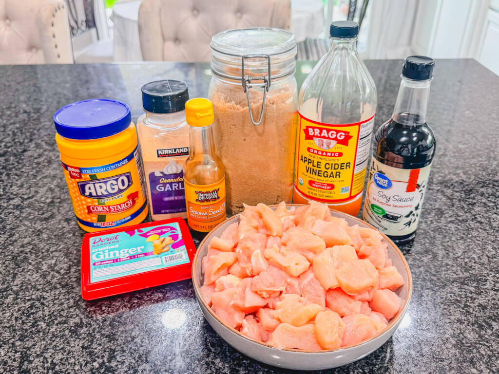 Ingredients for easy teriyaki chicken recipe including chicken, soy sauce, brown sugar, garlic, ginger, sesame oil, and apple cider vinegar.