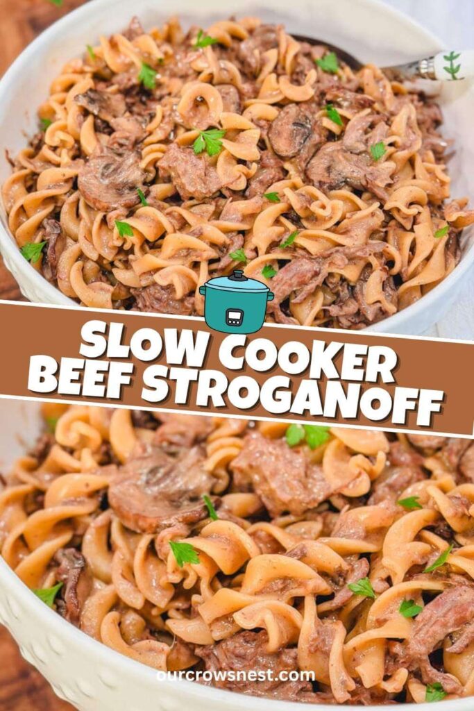 two images of slow cooker beef stroganoff in a white pasta serving bowl.