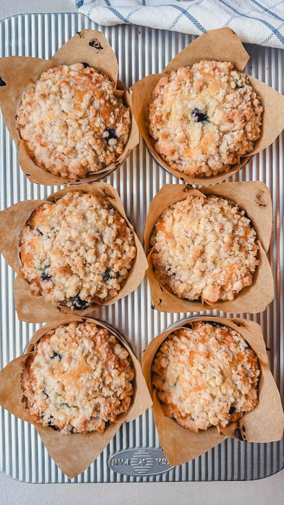 top view of 6 jumbo-sized blueberry muffins sitting in a muffin tin with a blue striped kitchen towel next to the tin.
