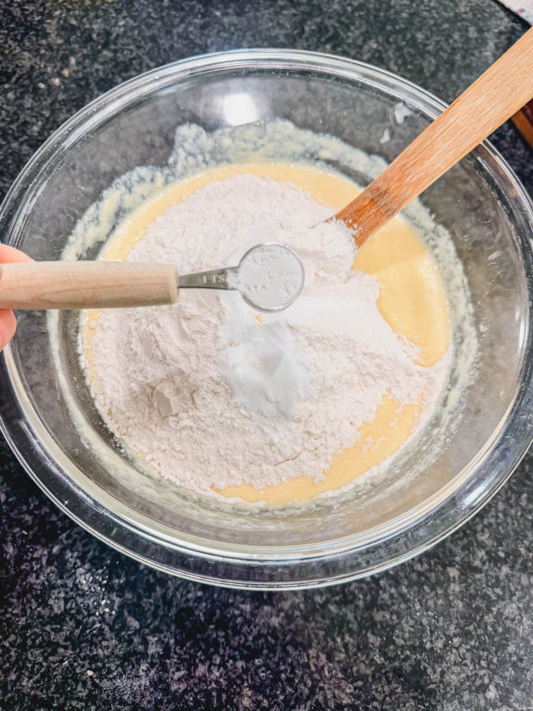 Baking soda added to the dry ingredients.