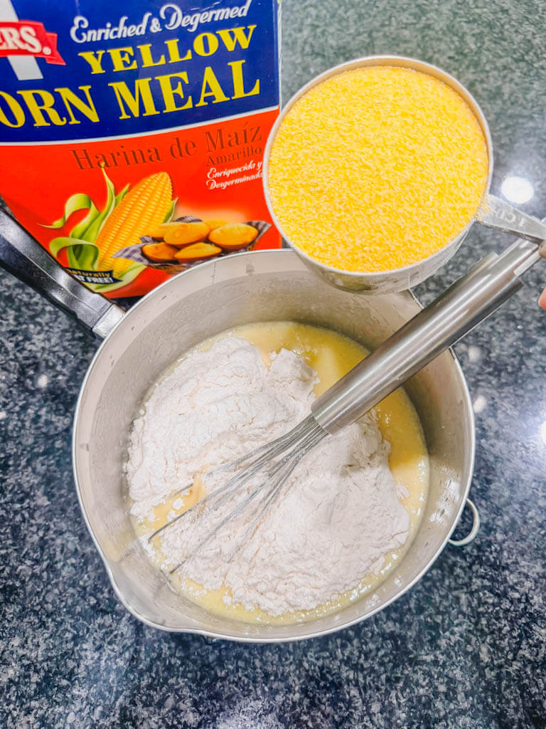 Yellow cornmeal added to the sweet cornbread batter.