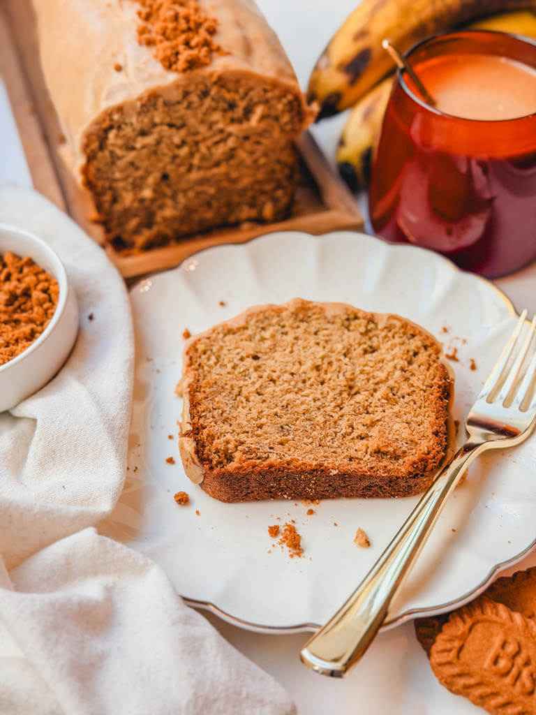 Close-up overhead view of Biscoff banana bread showing the soft interior and golden brown edges.