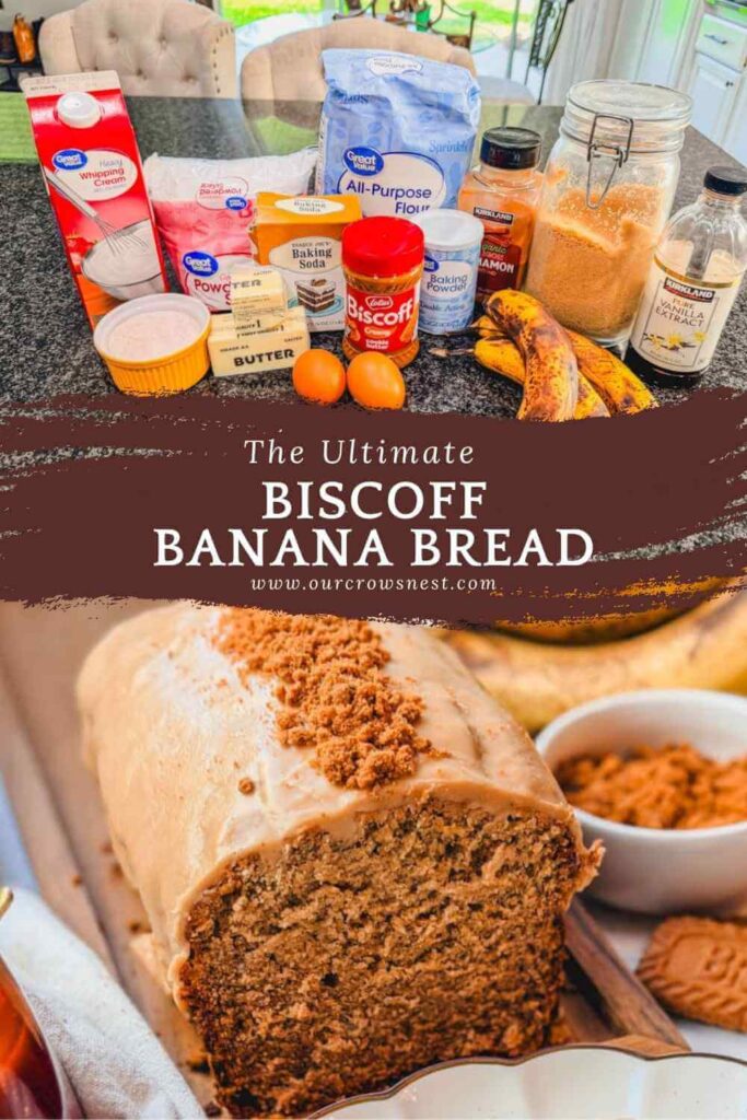 Pinterest graphic for Biscoff banana bread with brown sugar icing and crushed Biscoff cookies.