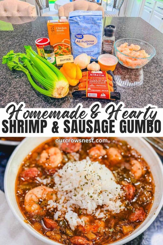 Homemade shrimp and andouille sausage gumbo with white rice, alongside the ingredients used to make the recipe.