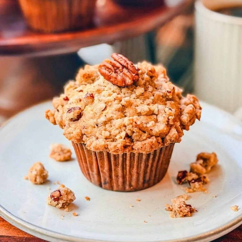 Close-up of a bakery-style banana pecan muffin topped with pecan streusel and a whole pecan.