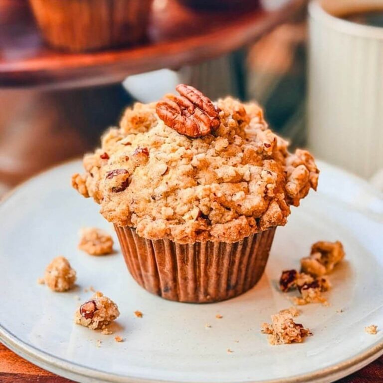Close-up of a bakery-style banana pecan muffin topped with pecan streusel and a whole pecan.